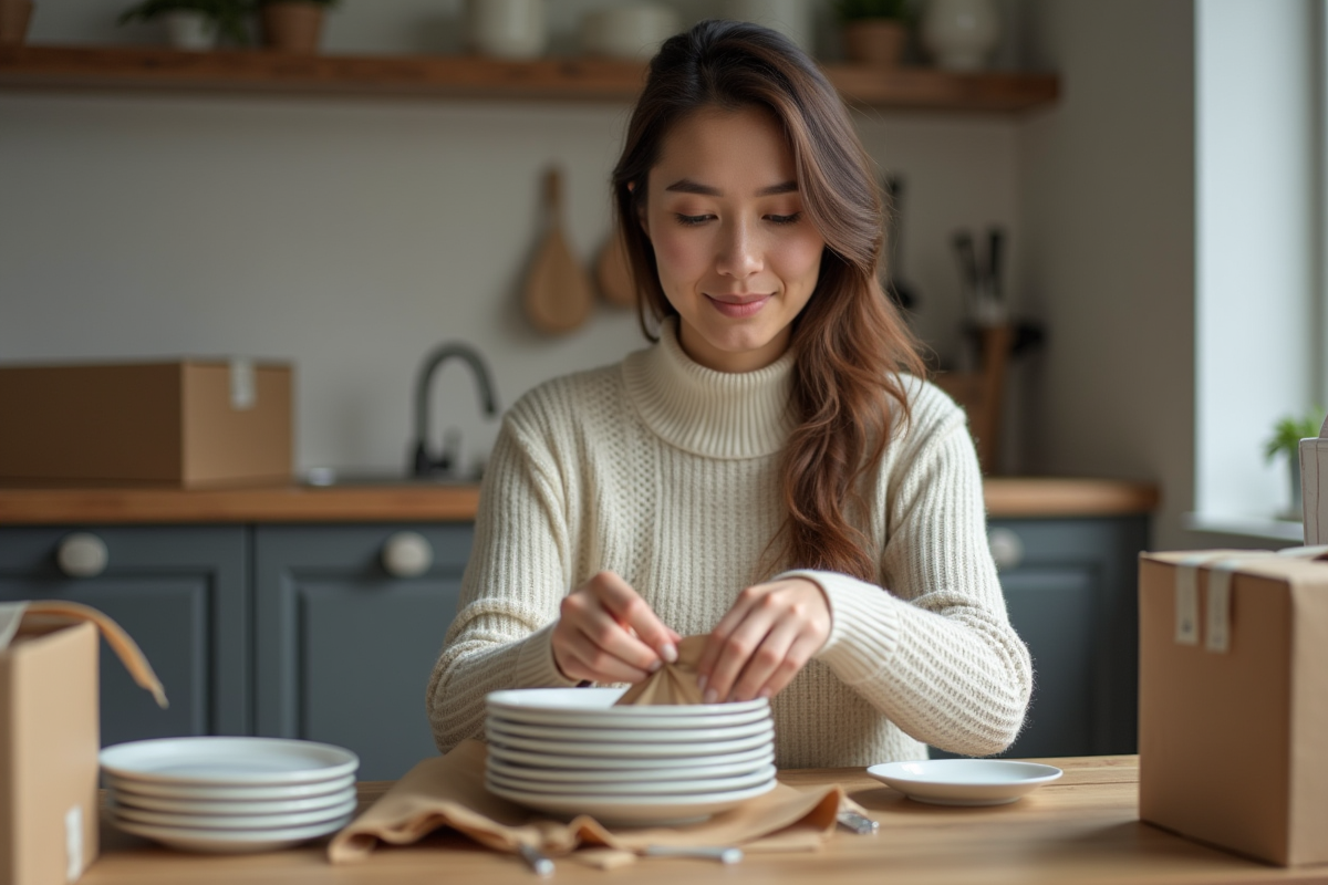 Femme emballant des assiettes en porcelaine dans une cuisine moderne