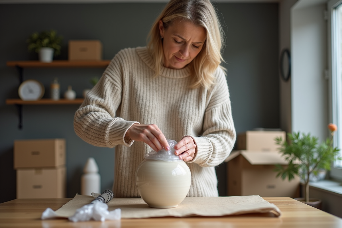 Femme emballant une vase en céramique avec soin