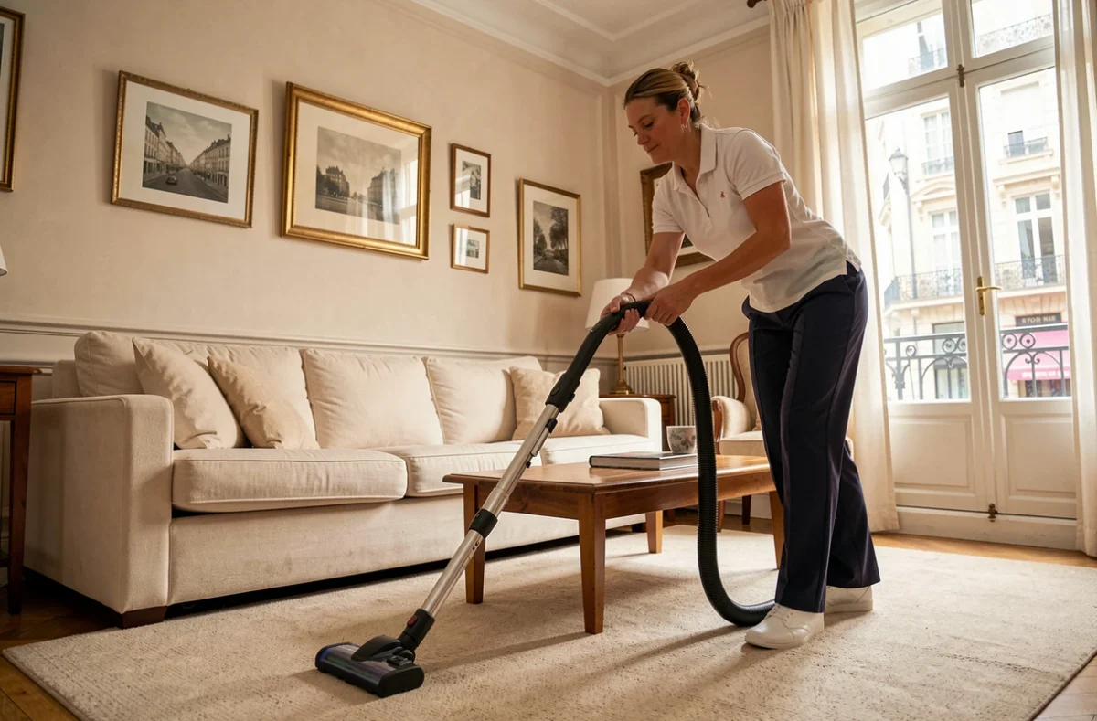 Employée de maison passant l'aspirateur dans un salon élégant d'un appartement français