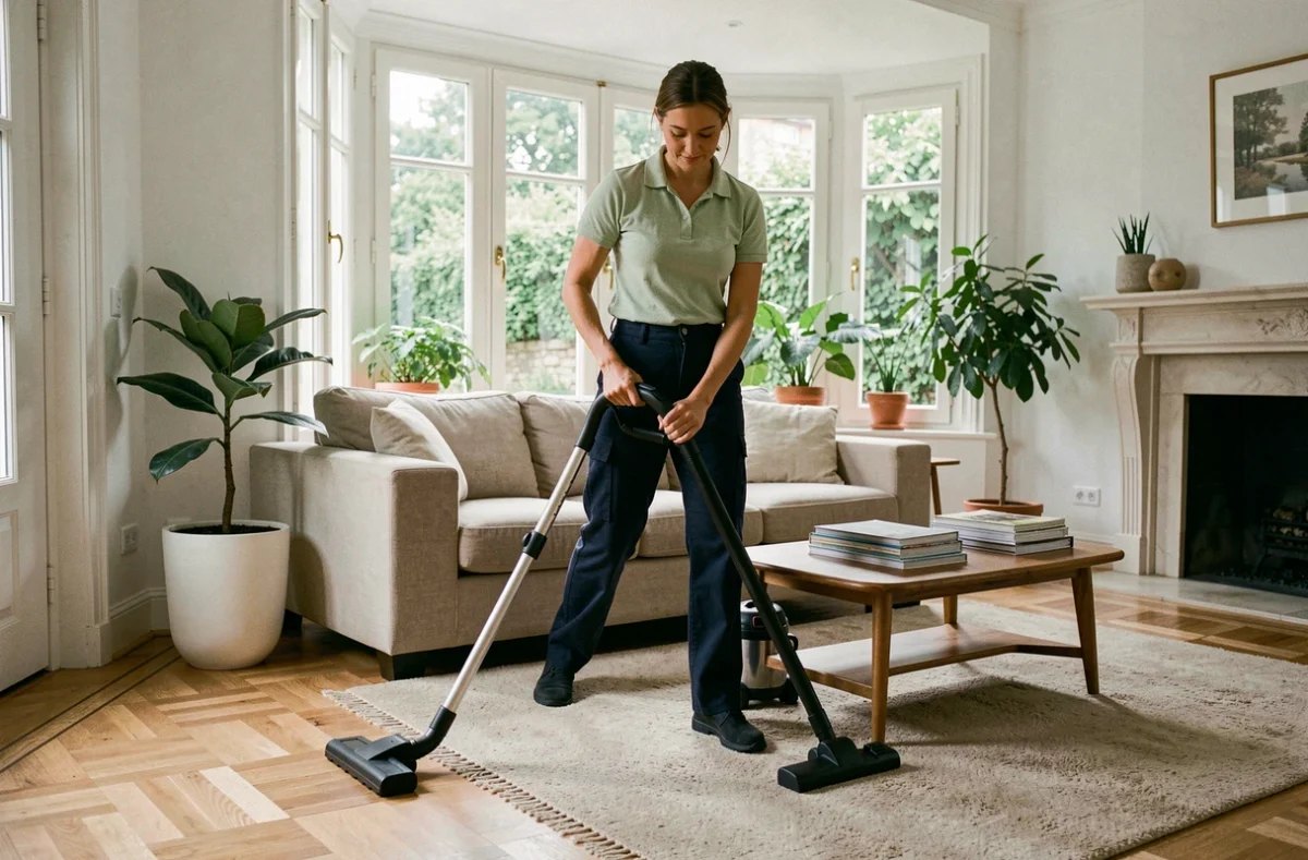 Employée de ménage passant l'aspirateur dans un salon contemporain avec parquet en chêne et canapé beige