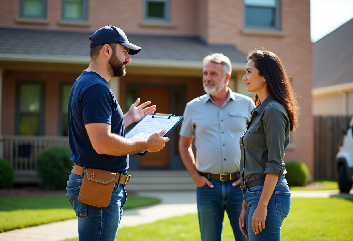 Entrepreneur expliquant devis à un couple devant maison