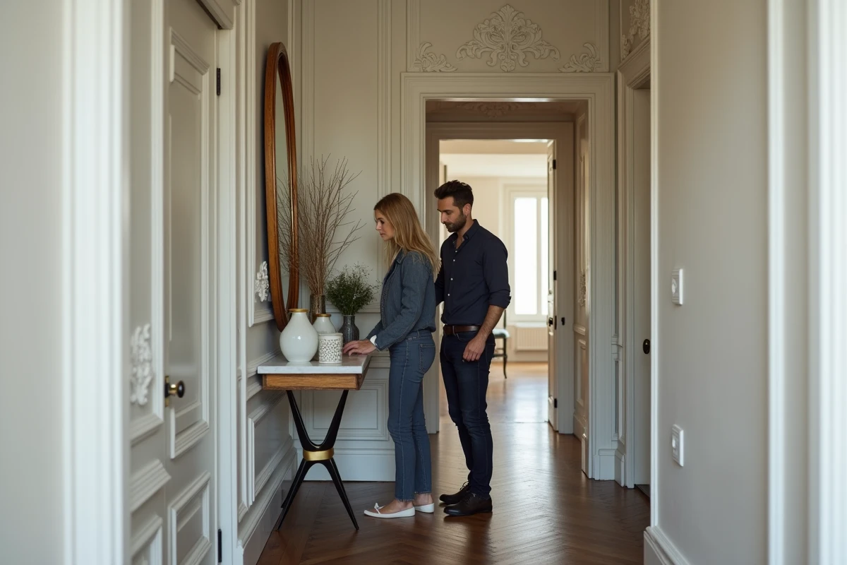 Équipe de l'agence de décoration LeSavoirFaireDéco à Lille disposant des accessoires décoratifs dans un couloir de maison de maître pour le home staging