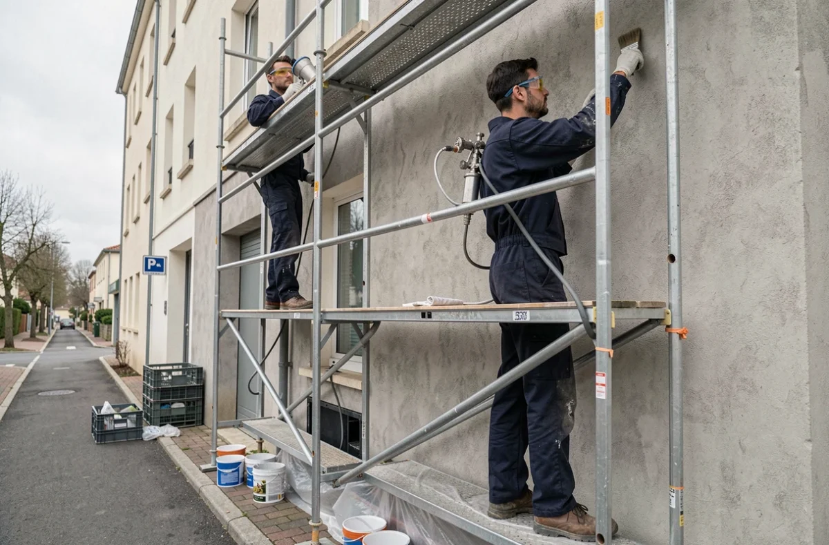 Deux peintres Escabuco travaillant sur la façade d'un bâtiment commercial avec échafaudage
