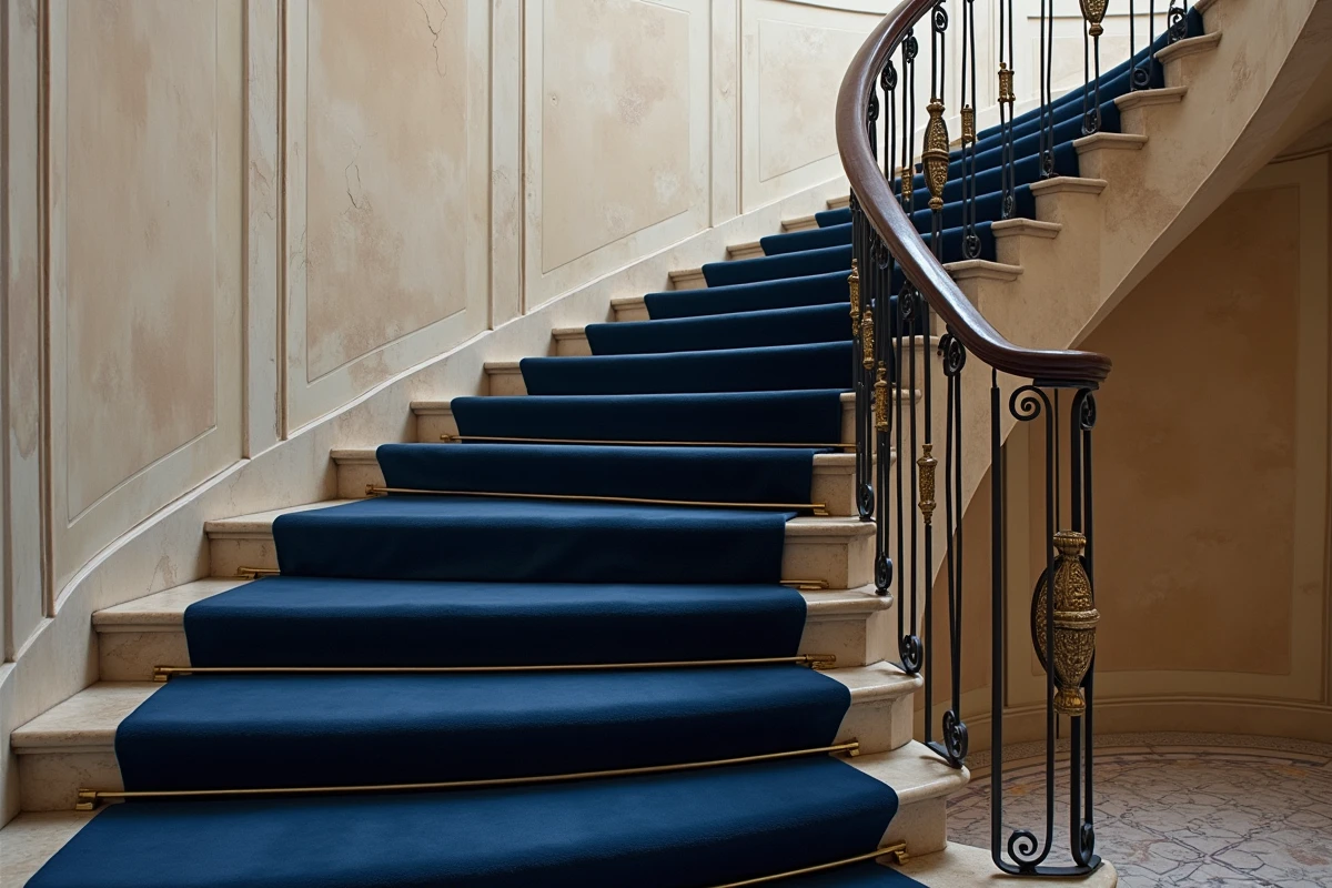 Escalier haussmannien avec des marches en moquette bleu marine et tringles en laiton, vue grand angle illustrant l'isolation acoustique dans un appartement ancien