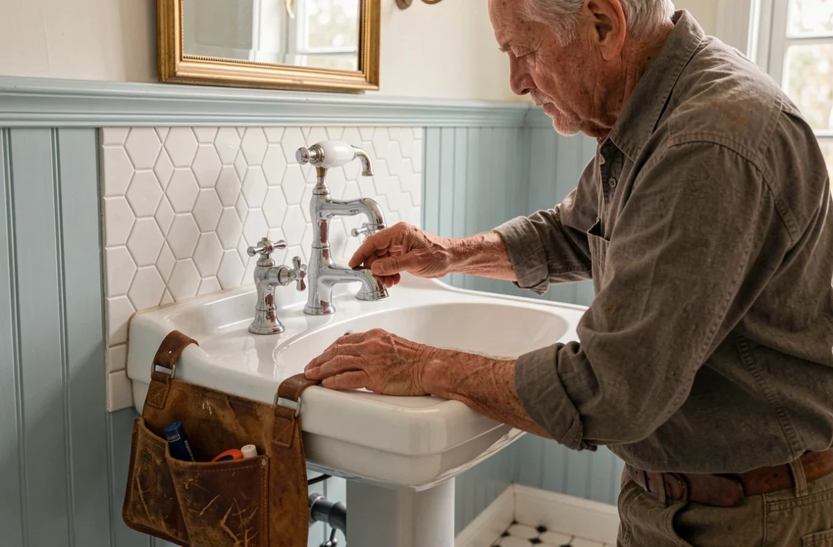 Maître plombier expérimenté installant une robinetterie chromée sur un lavabo classique dans une salle de bain de style traditionnel breton