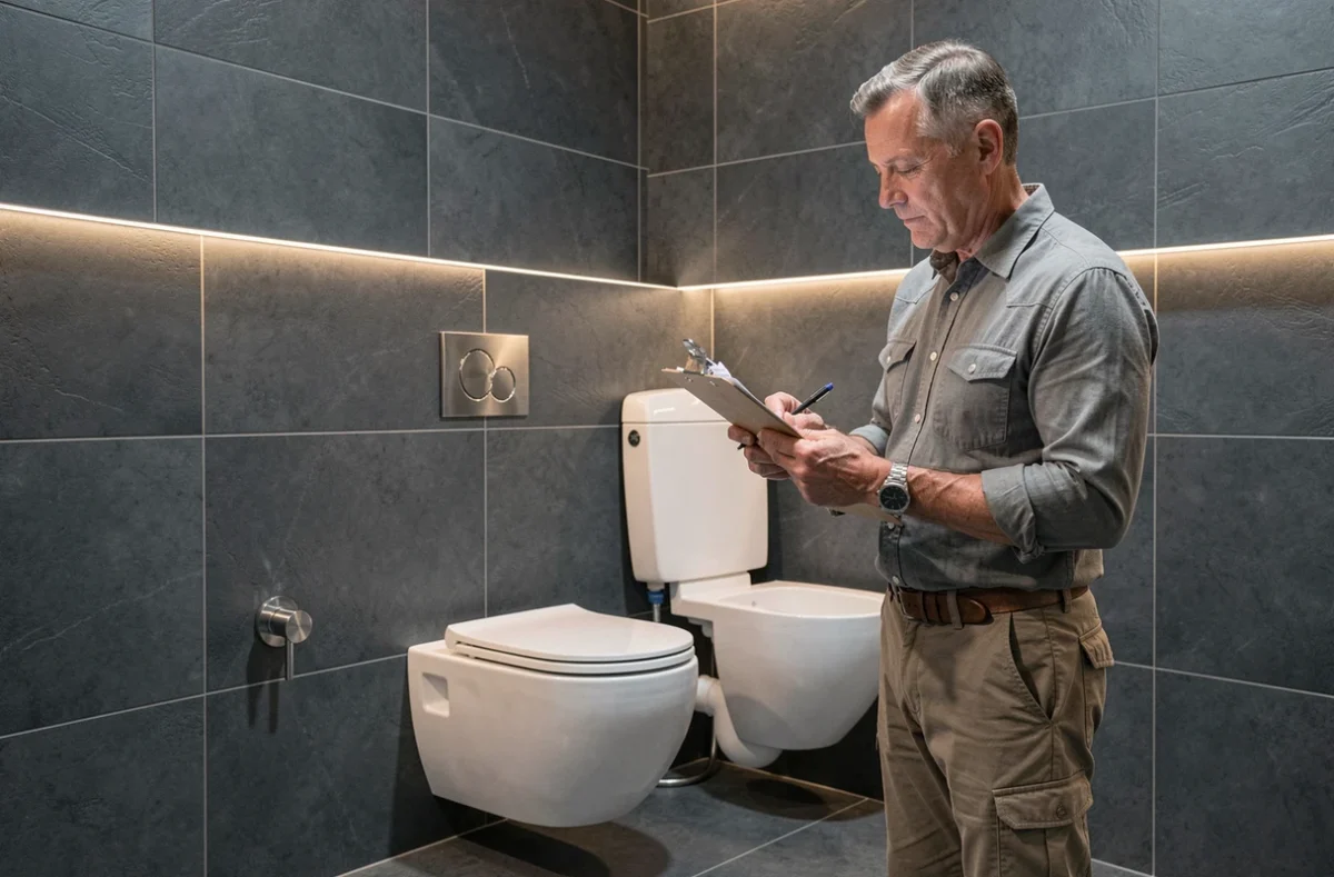 Spécialiste en plomberie sanitaire vérifiant l'installation d'un WC suspendu et d'un bâti-support dans une salle de bain contemporaine du Morbihan
