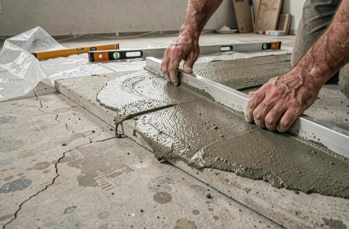 Étalage d'une chape mortier sur une dalle béton ancienne fissurée avec une règle en aluminium lors de la rénovation d'un sol