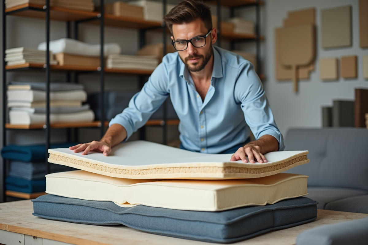 Expert en ameublement inspectant la mousse d’un coussin de sofa