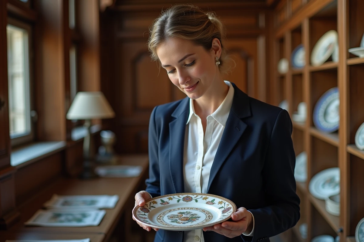 Experte en céramique inspectant une assiette de Moustiers ancienne dans une salle des ventes française, vêtue d'un blazer marine