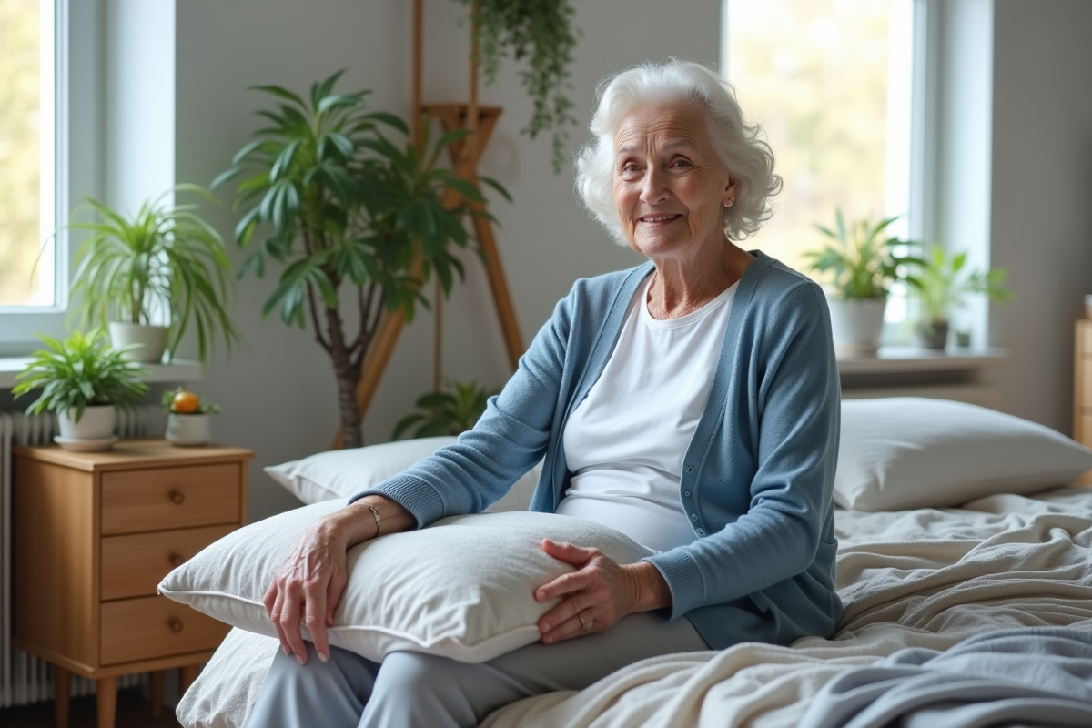 Femme âgée assise sur le lit dans une chambre moderne et chaleureuse