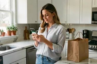 Femme consultant l'application Carrefour courses livraison domicile sur son smartphone dans une cuisine moderne