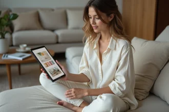 Femme utilisant une application de décoration intérieure sur tablette dans un salon moderne au style épuré