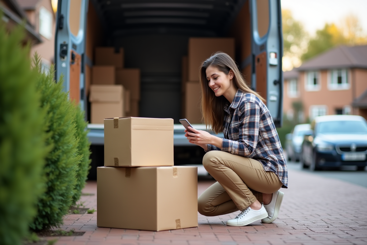 Femme calculant le volume des cartons près d