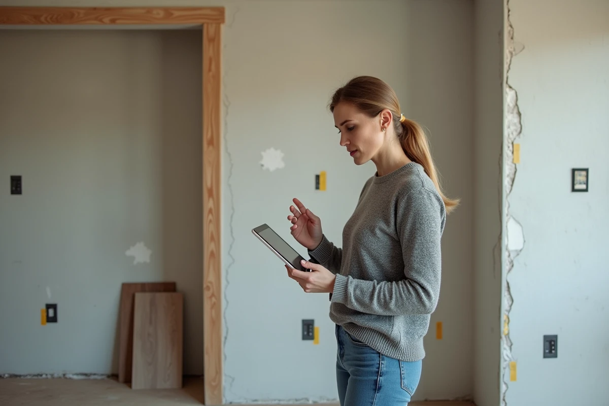 Femme comparant des devis de travaux en ligne dans une pièce en cours de rénovation
