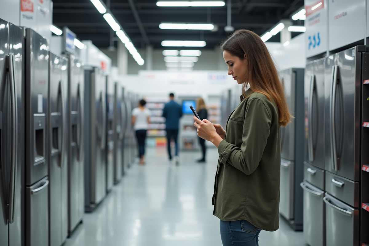 Jeune femme utilisant son smartphone en magasin d