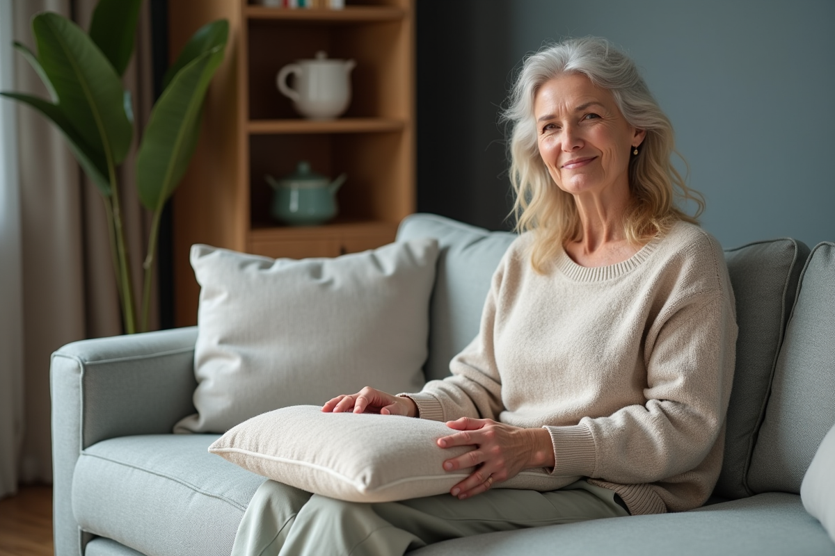 Femme assise sur un canapé en coton avec coussin tactile