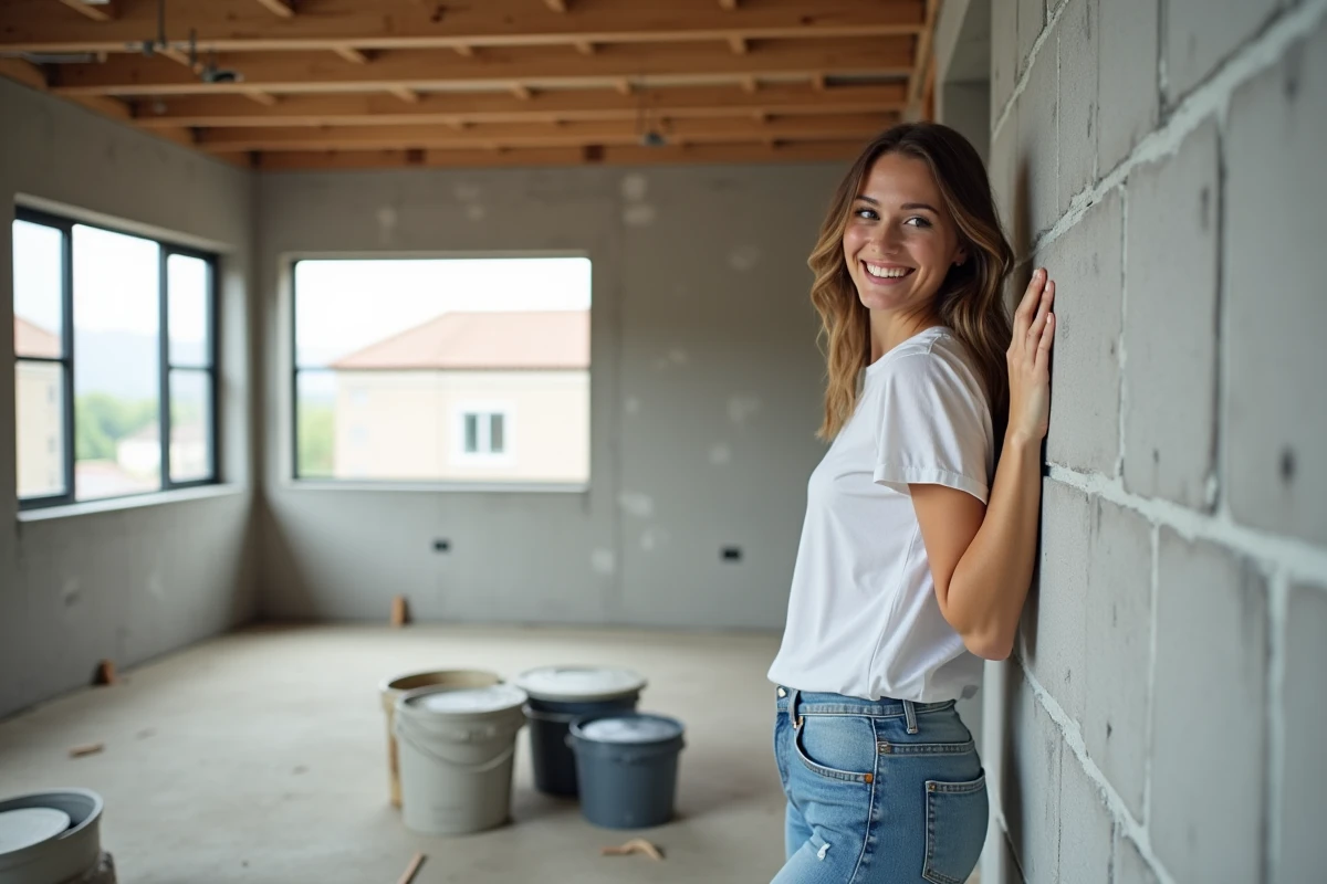 Jeune femme souriante posant sa main sur un mur en béton intérieur