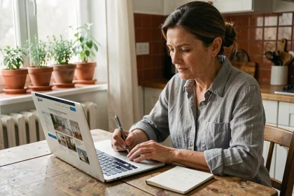 Femme consultant le site Gospi.fr sur un ordinateur portable dans une cuisine moderne pour trouver des informations avant d'appeler un artisan