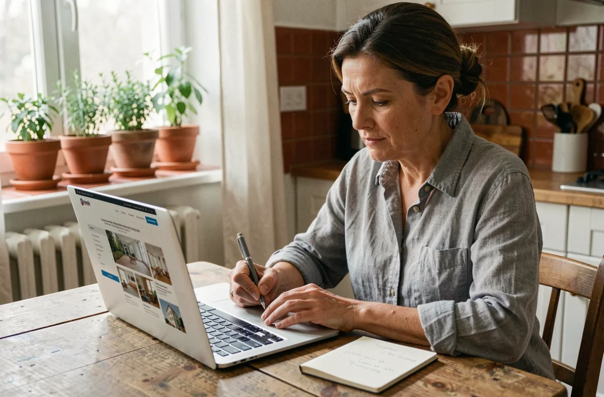 Femme consultant le site Gospi.fr sur un ordinateur portable dans une cuisine moderne pour trouver des informations avant d'appeler un artisan