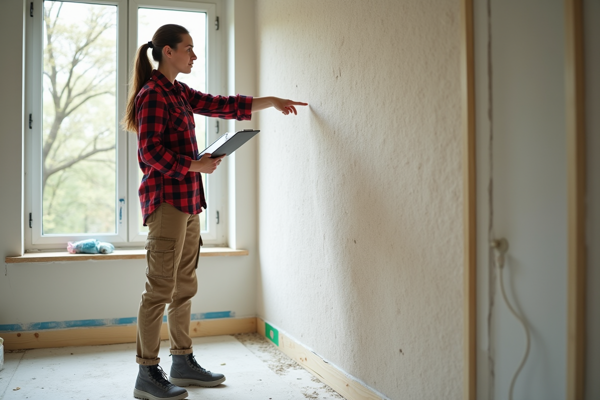 Jeune femme avec un carnet pointant une isolation en cellulose dans un salon rénové