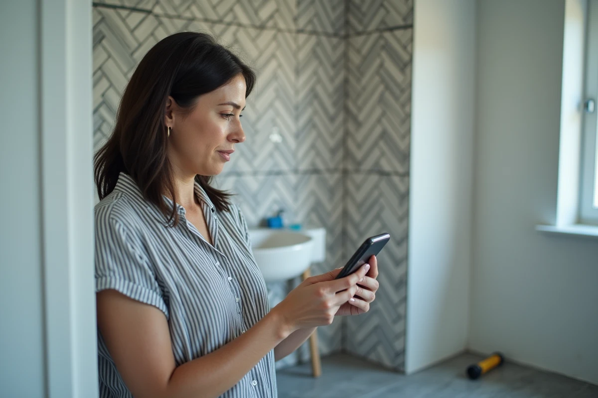 Femme consultant des devis en ligne sur smartphone dans une salle de bain en cours de rénovation