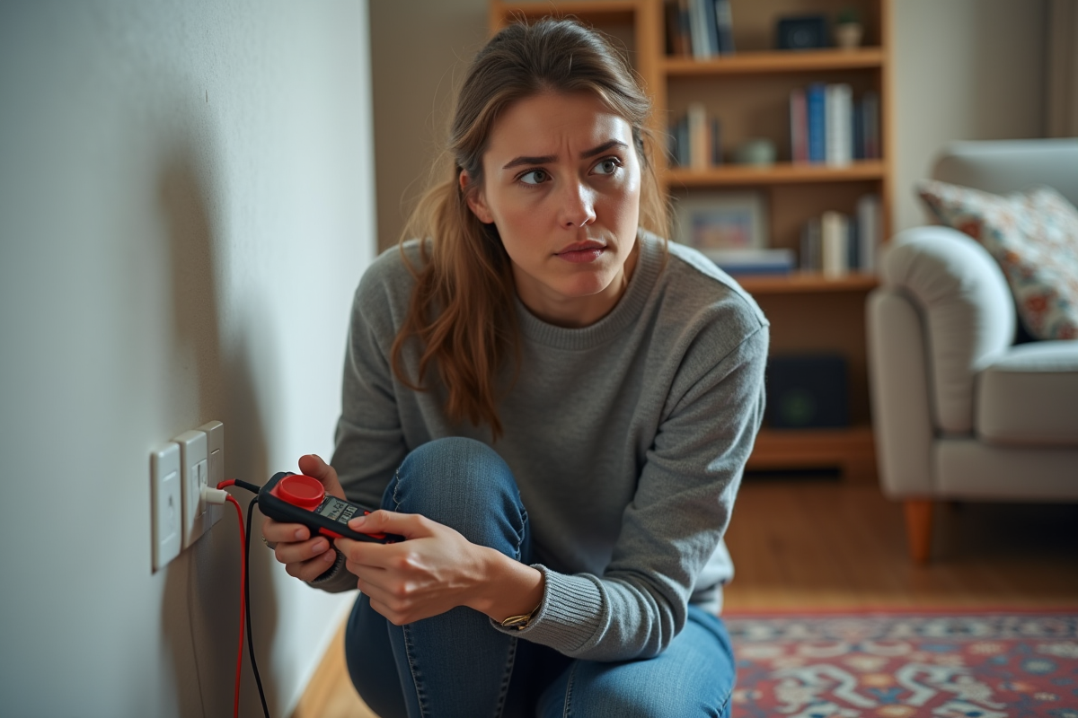 Jeune femme vérifiant une prise électrique avec multimètre