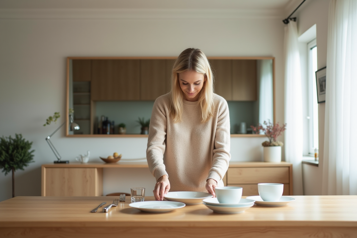 Femme en pull beige posant des assiettes devant un miroir