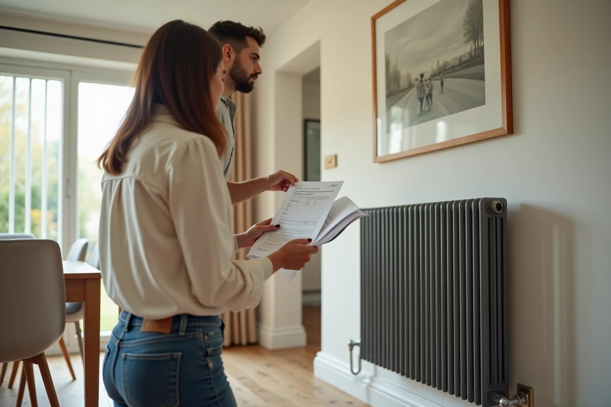 Jeune femme parlant avec un technicien près d un radiateur neuf