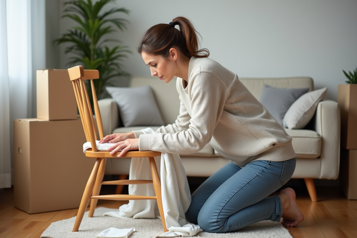 Femme emballant une chaise en bois avec des couvertures