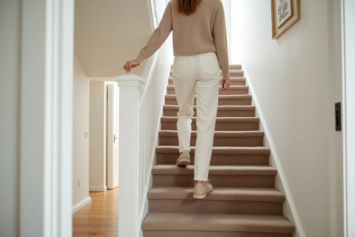 Femme descendant un escalier recouvert de marches en moquette taupe dans une maison au style scandinave, illustrant la réduction du bruit de pas