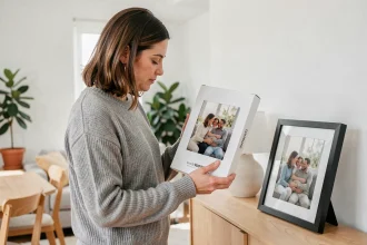Femme examinant un écran numérique pour photos pas cher dans son salon moderne