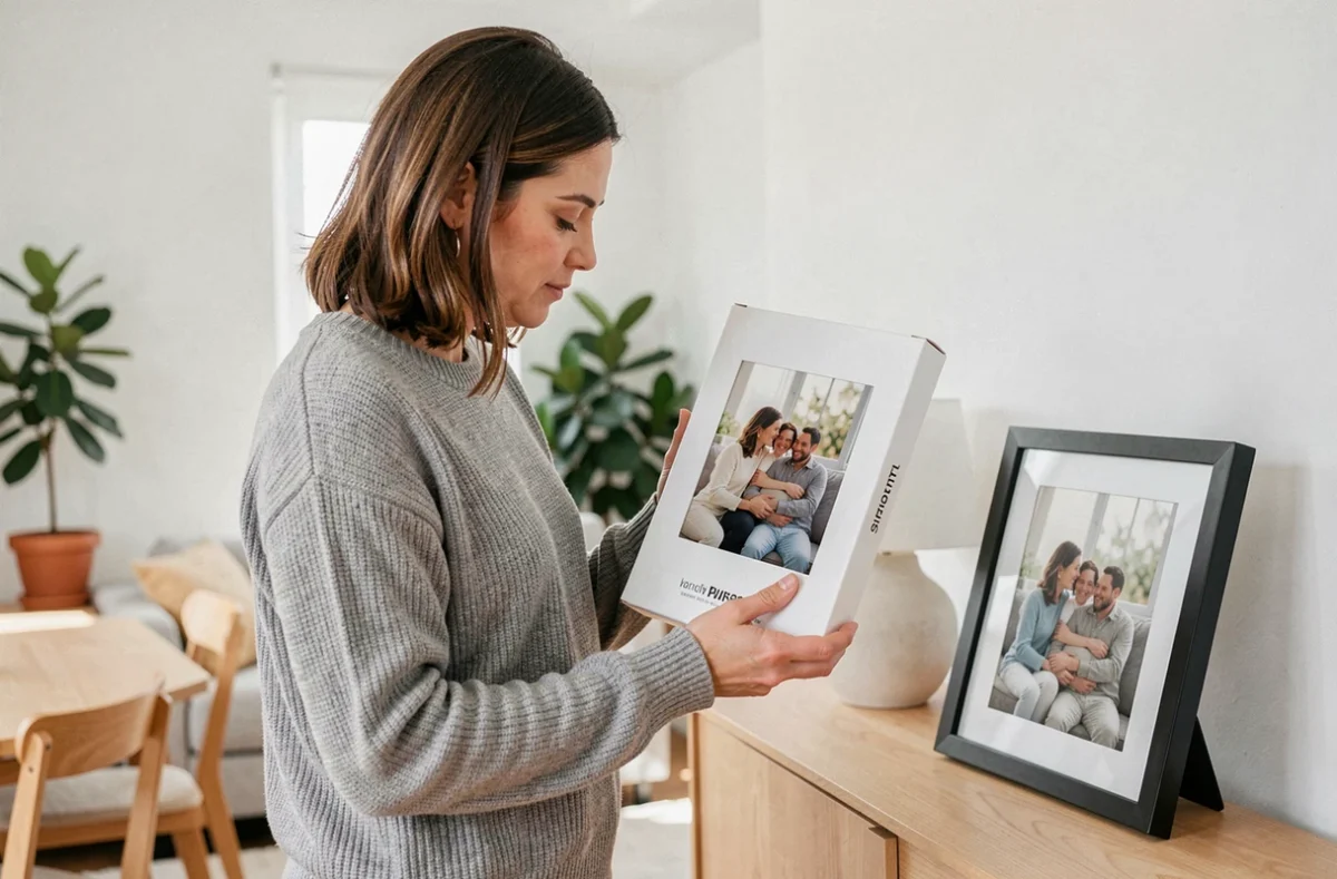 Femme examinant un écran numérique pour photos pas cher dans son salon moderne