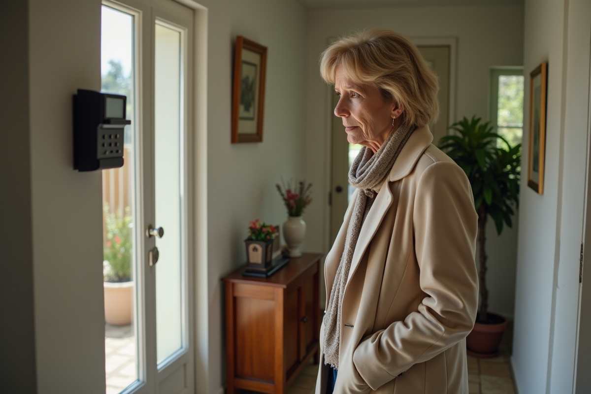 Femme préoccupée regardant son alarme endommagée