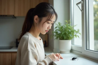 Jeune femme regarde un insecte noir sur la fenêtre
