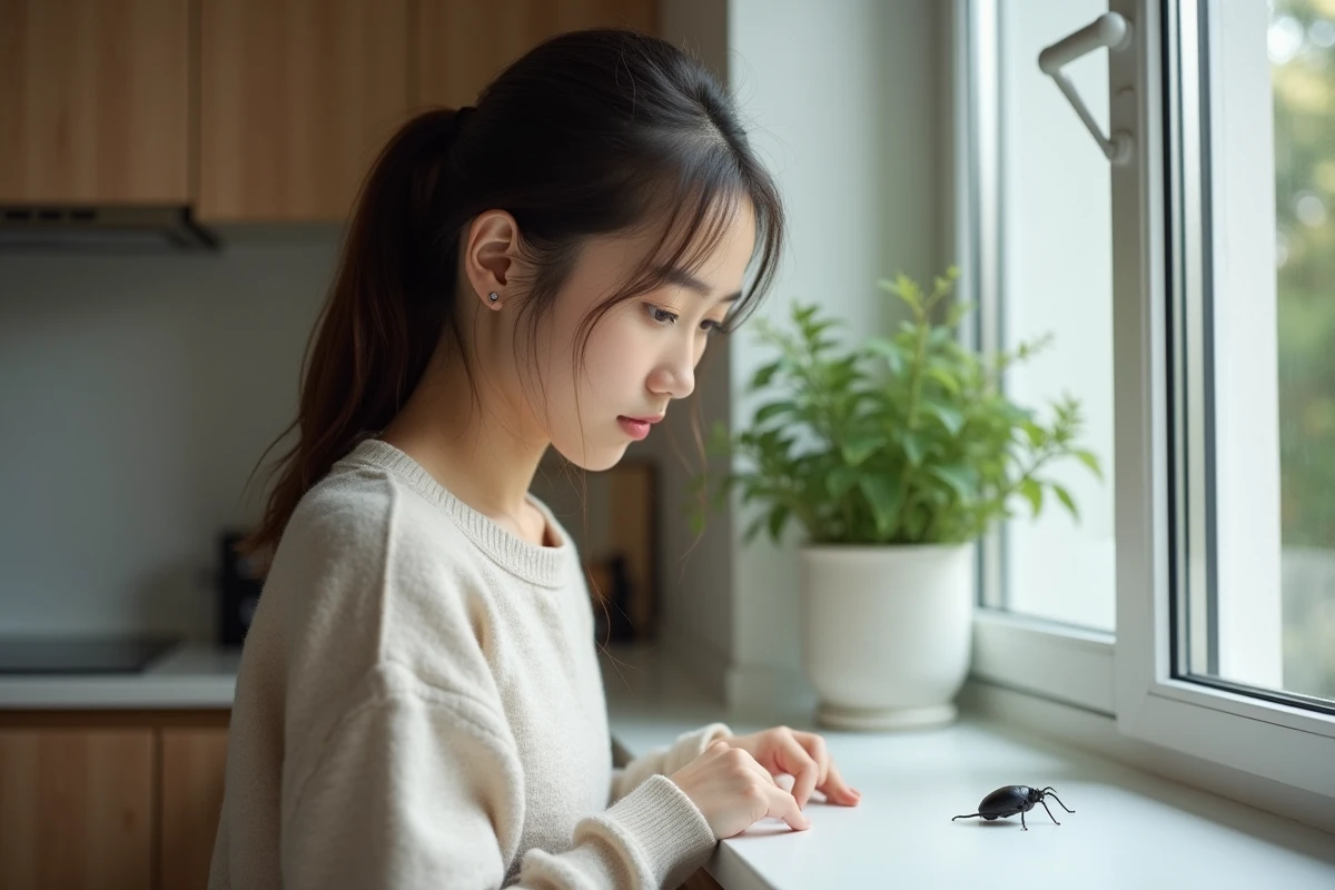 Jeune femme regarde un insecte noir sur la fenêtre