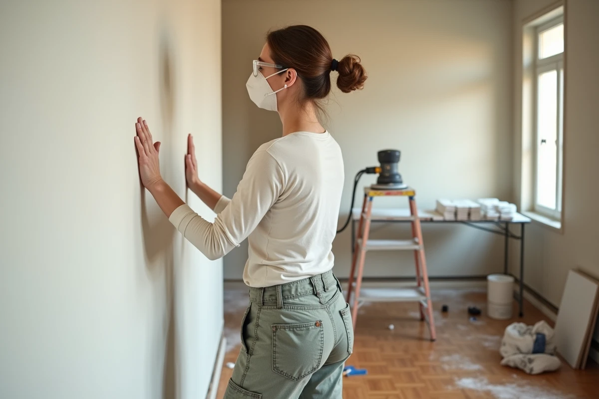 Femme inspectant la surface d'un mur après ponçage de l'enduit de finition dans un salon en cours de rénovation