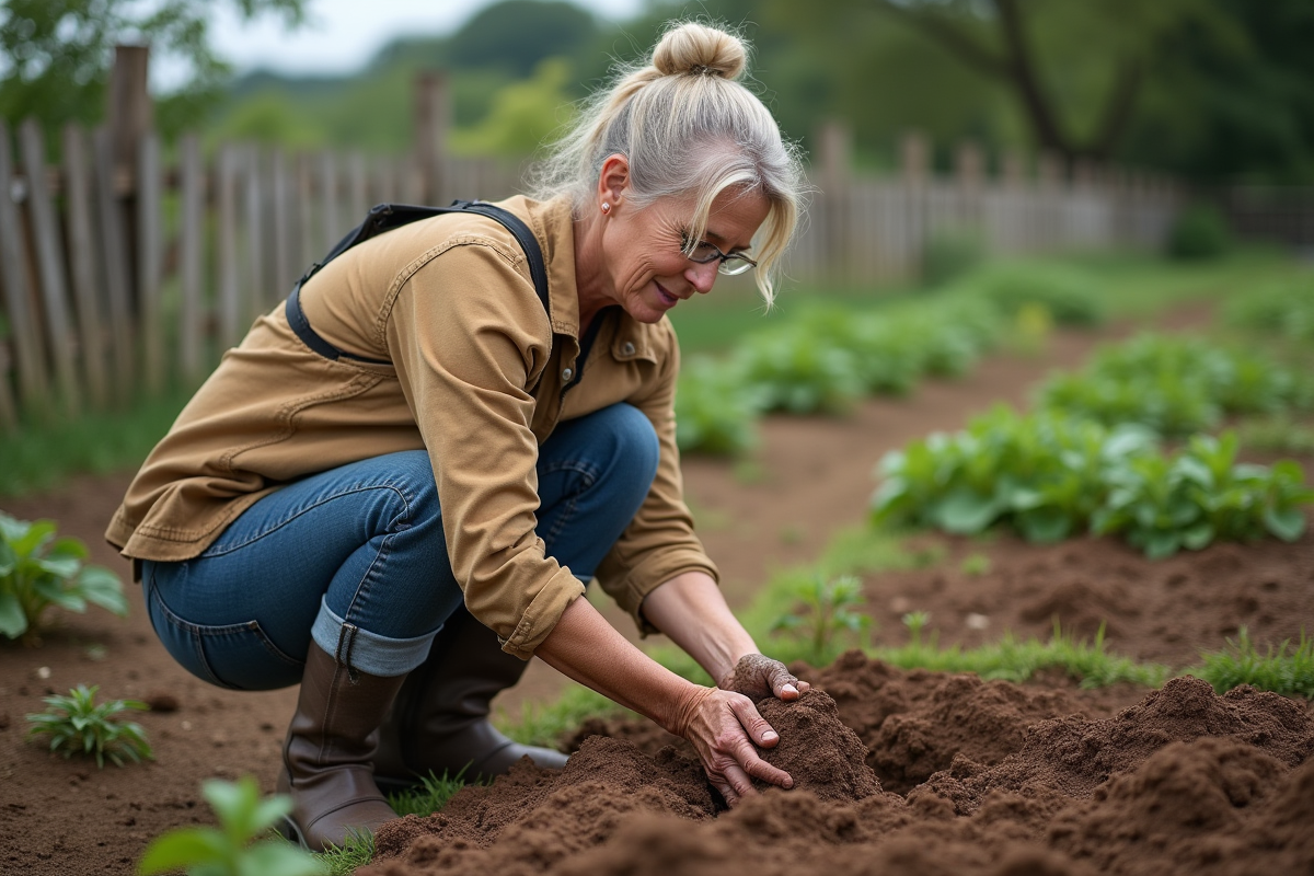 Femme en vêtements durables mélangeant compost dans le sol