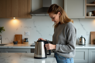 Femme examinant une cafetière électrique dans la cuisine