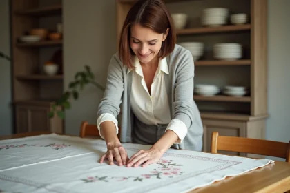 Femme arrangeant une nappe en tissu sur une table