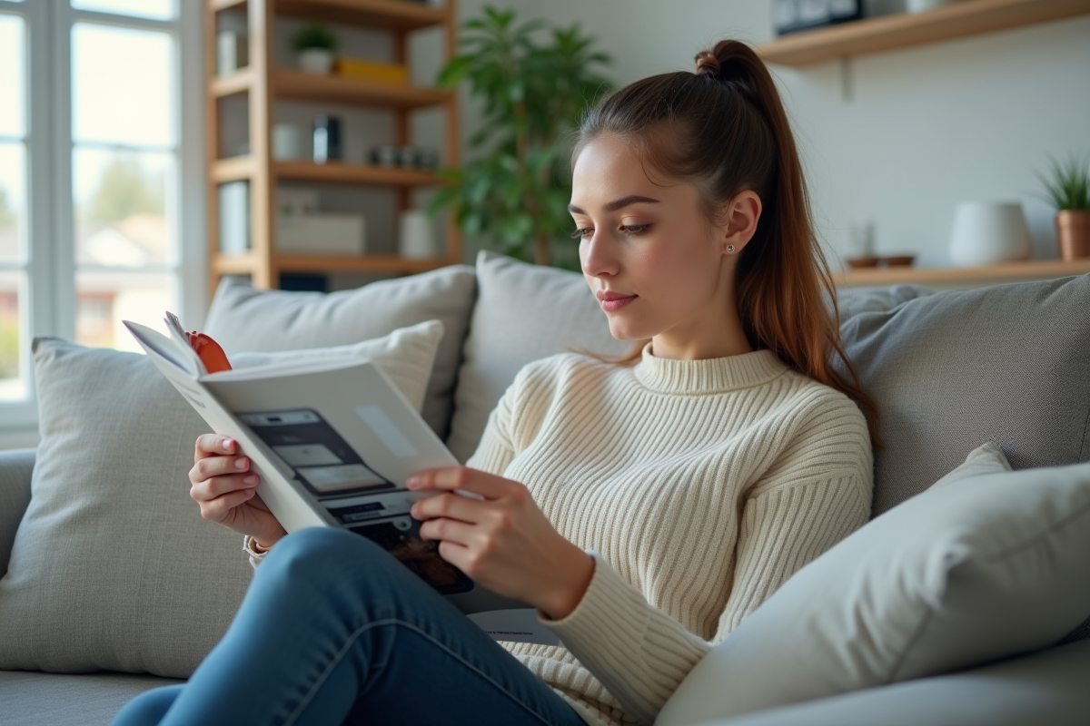 Jeune femme lisant une brochure d