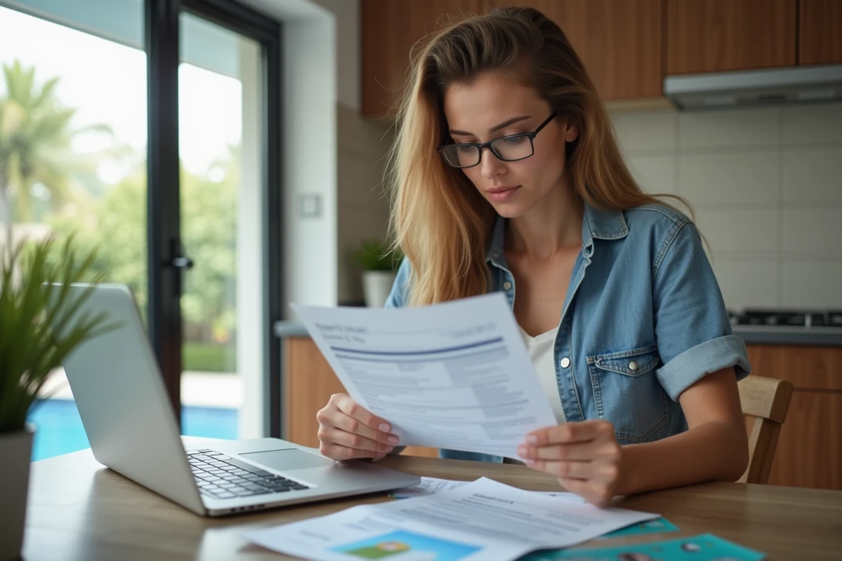 Jeune femme examinant une notice immobilière à la maison
