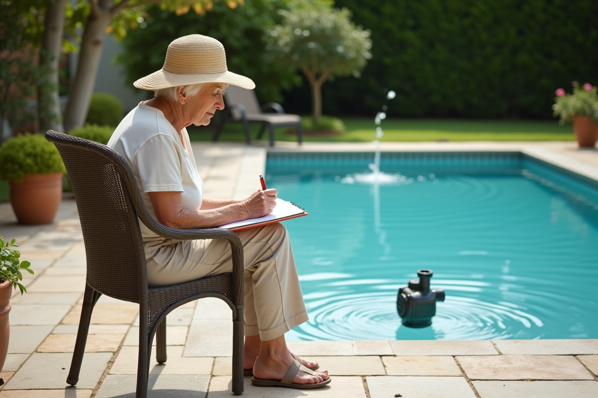 Femme âgée observant la pompe de la piscine dans le jardin
