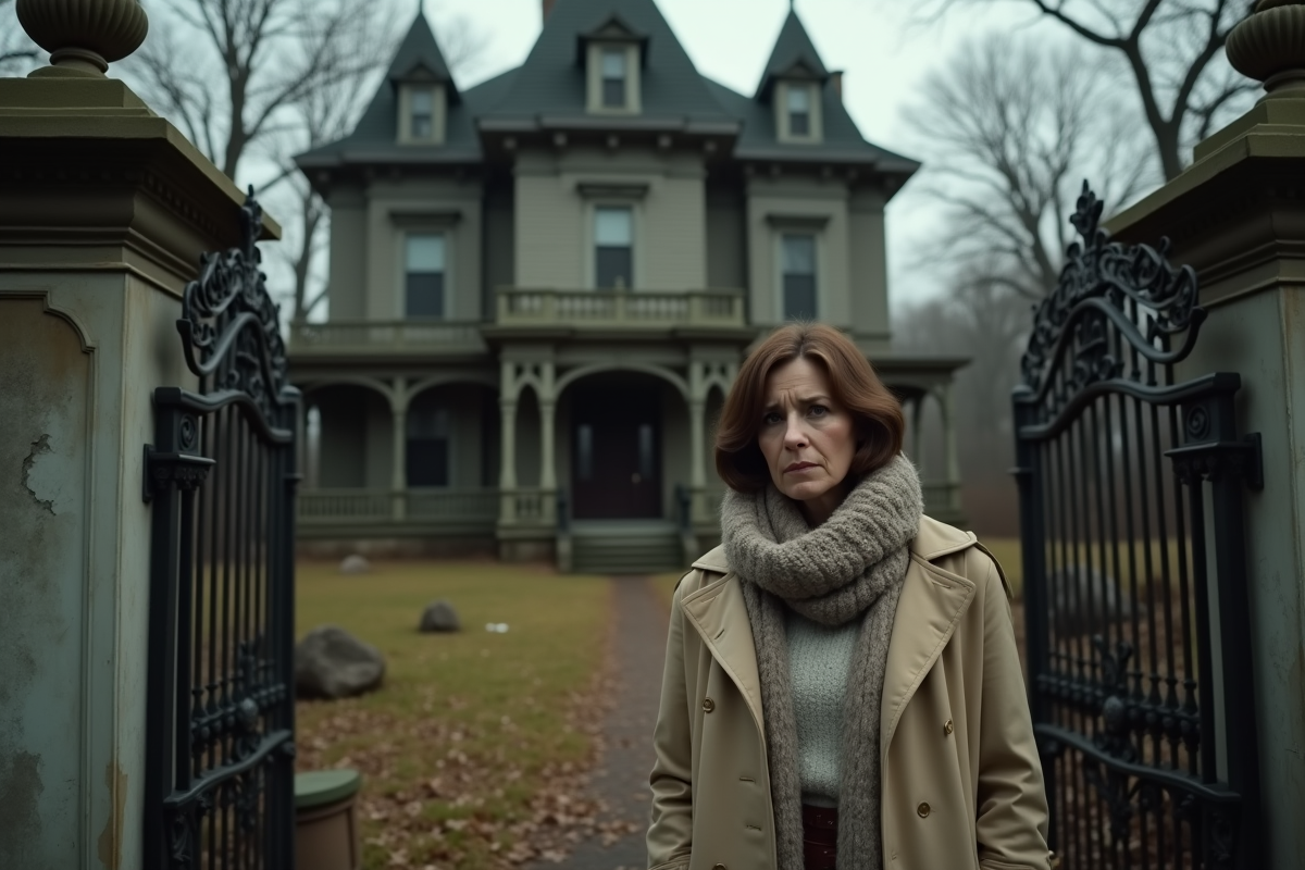 Femme debout devant une vieille maison abandonnée