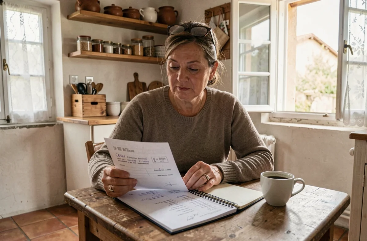 Femme de ménage vérifiant un chèque CESU et un planning sur une table en bois dans une cuisine de ferme française