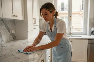 Femme de ménage en tablier bleu nettoyant le plan de travail d'une cuisine moderne dans un appartement français