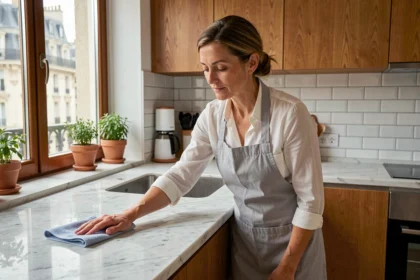 Femme de ménage professionnelle nettoyant le plan de travail d'une cuisine moderne à Bordeaux