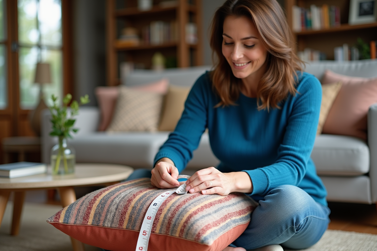 Femme mesurant un coussin coloré dans un salon chaleureux