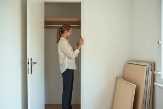 Femme mesurant les murs d'un dressing modulable en cours d'installation dans une pièce lumineuse