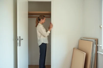 Femme mesurant les murs d'un dressing modulable en cours d'installation dans une pièce lumineuse