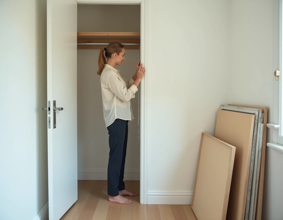 Femme mesurant les murs d'un dressing modulable en cours d'installation dans une pièce lumineuse